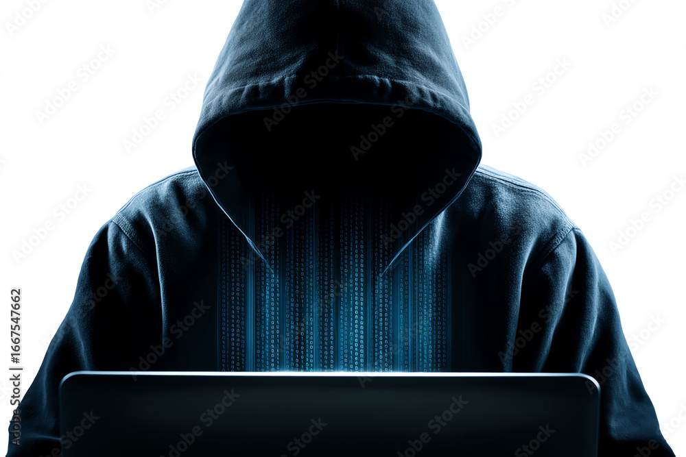 Poster hooded figure working on a laptop with cascading binary code, symbolizing hacking, cybersecurity, an