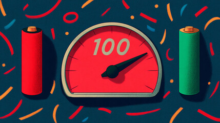 A red speedometer dial shows a needle pointing near 100, flanked by a red battery on the left and a green battery on the right, set against a dark background with colorful confetti