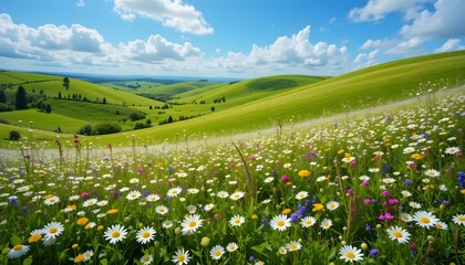 Rolling Hills Meadow with Blooming Daisies and Wildflowers in Spring