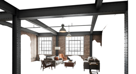 Modern living room interior with exposed brick and steel beams design