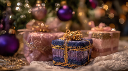 Close-up of intricately decorated gift boxes in gold, purple, and pink hues with blurred festive ornaments in the background, creating a warm holiday atmosphere