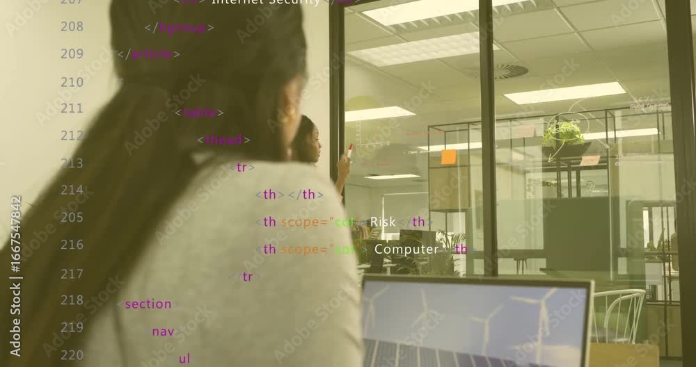 Aufkleber presenter stepping to transparent partition and writing cybersecurity code tags for team discussion