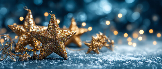 Golden glittery star ornaments lie on a snowy surface with soft glowing lights in the blue-toned blurred background, creating a festive holiday atmosphere