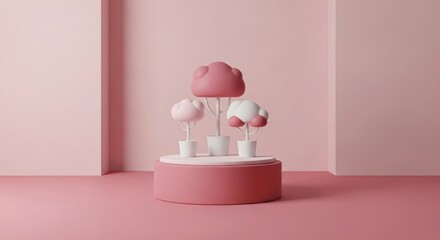 Minimalist pink trees on a pedestal for modern design and branding concepts