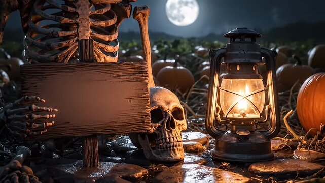 Skeleton with sign in pumpkin patch at night under full moon