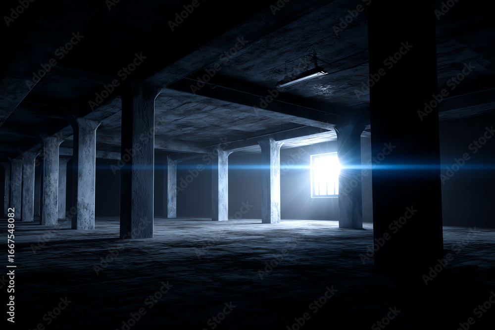 Aufkleber dimly lit empty concrete basement with structural columns and a bright window emitting light, creati