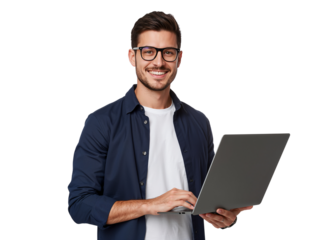 Smiling professional with glasses holding a laptop isolated on a transparent space