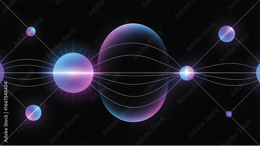 Poster blue fractal art of glowing plasma waves with an abstract energy pattern and a futuristic atom desig