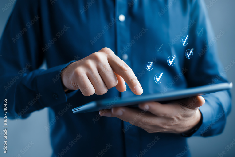 Poster a person in a blue shirt uses a tablet with floating digital checkmarks, symbolizing task completion
