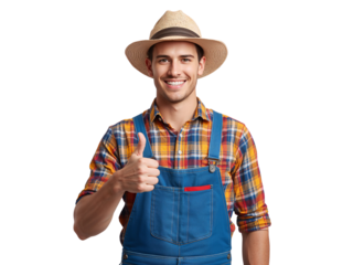 Cheerful farmer in overalls giving a thumbs up, showcasing positivity and agricultural approval on