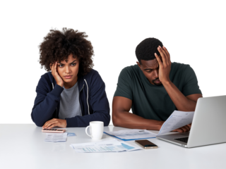 Interracial couple facing financial strain with laptop and documents isolated on transparent