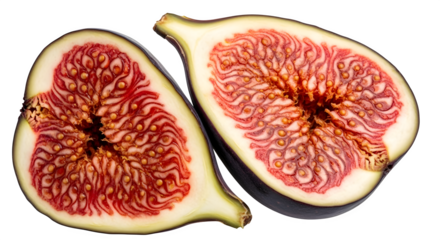 Two fig halves showing the vibrant interior