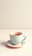 Obraz premium 3D illustration of a pastel-colored coffee cup with saucer, soft toy-like design, minimal clean background, stylized glossy surface and smooth details.