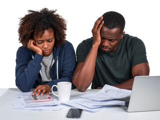 Stressed young couple grappling with financial difficulties on isolated transparent background and
