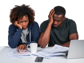 Stressed young couple grappling with financial difficulties on isolated transparent background and