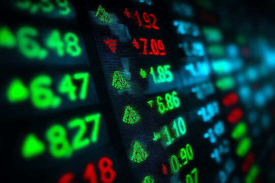 Digital stock market display showing green and red numbers with arrows indicating rising and falling stock prices on a dark background - Powered by Adobe