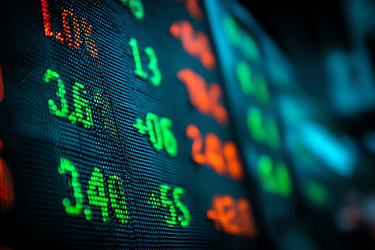 Close-up of a digital stock market board displaying fluctuating green and red numbers indicating stock prices and market changes - Powered by Adobe