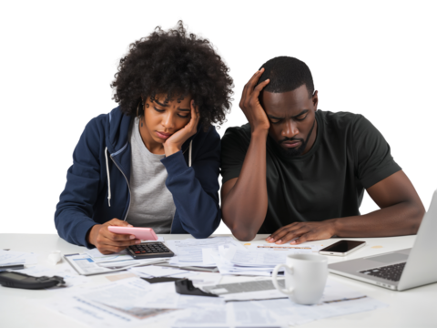 Distressed couple overwhelmed by financial challenges in a transparent setting, facing mounting