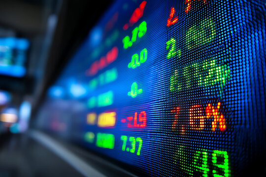 Digital stock market board displaying fluctuating numbers and percentages in green and red on a blue LED screen in a trading environment