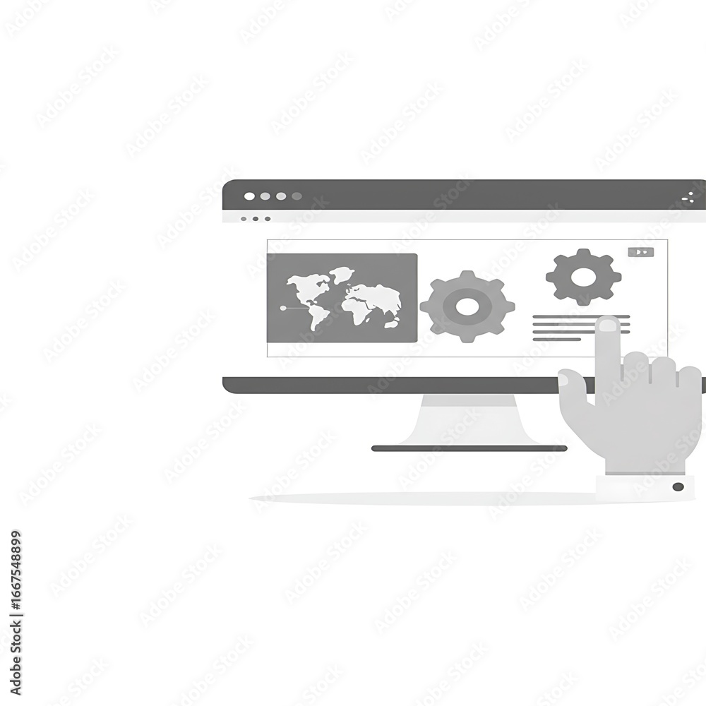 Poster modern dashboard interface with world map and gears, user interacts with technology