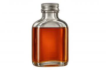 Rectangular glass bottle containing amber liquid, isolated in professional studio setting with transparent backdrop