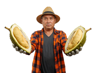 A farmer proudly displays two halves of a freshly cut durian fruit with a neutral demeanor