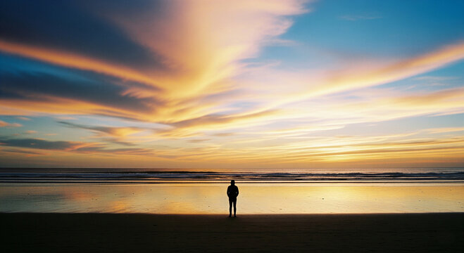 Solitary figure stands at the ocean's edge, watching a colorful sunset with streaky clouds reflecting on the calm water and wet sand best for travel advertising, brochure, copy space 