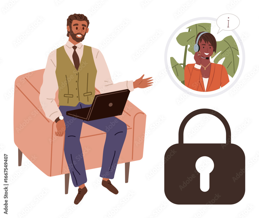 Poster man working on laptop, speaking with customer support agent, large lock representing data protection