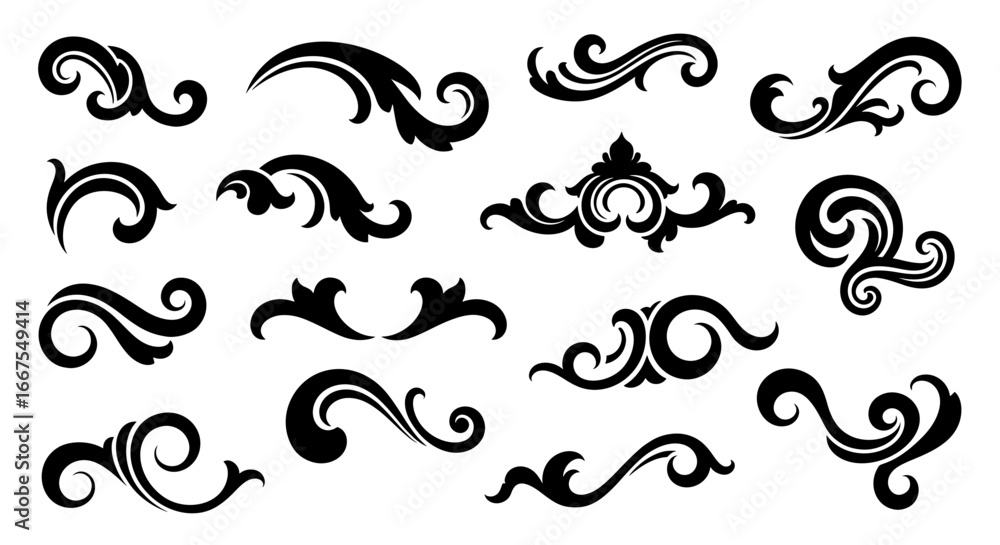 Poster set of classic decorative vector flourishes. ornate black swirls and scrolls for creating elegant vi