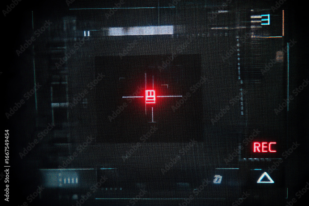 Poster red digital recording indicator with a futuristic interface on a dark screen, showing a central icon