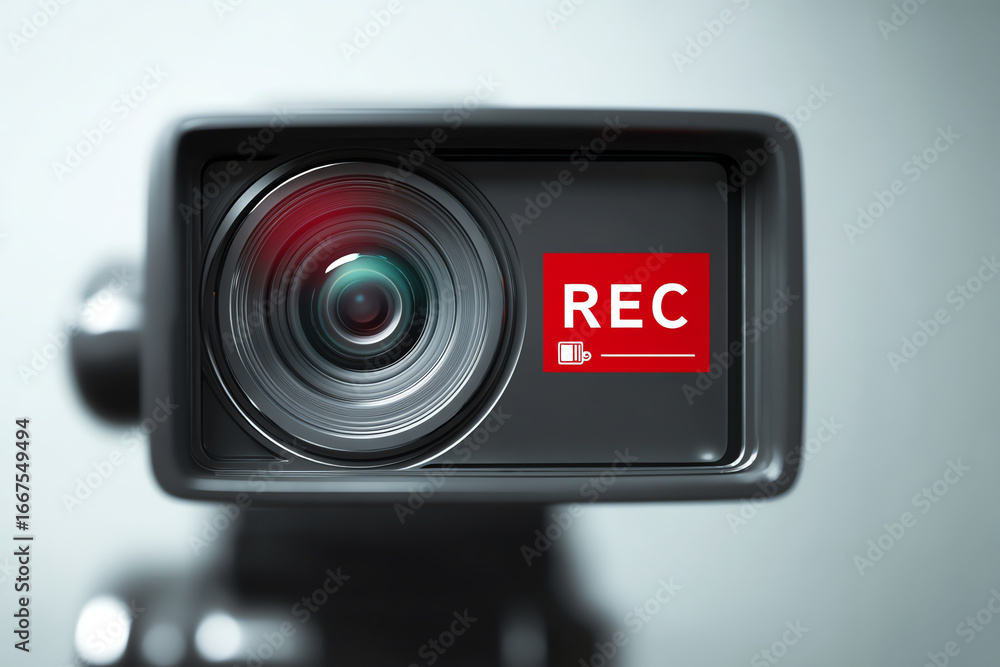 Poster close-up of a video camera lens with a red 