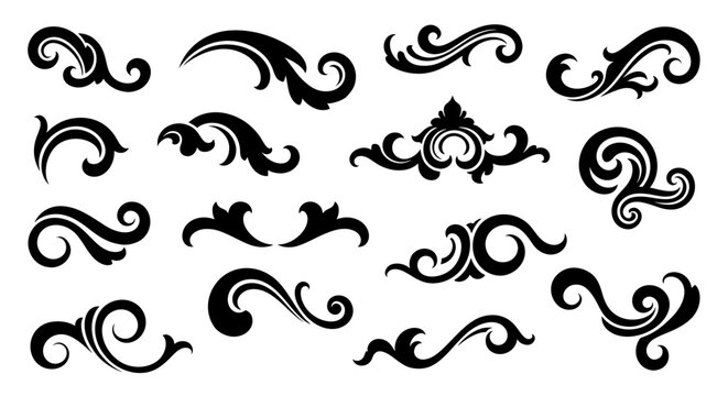Set of classic decorative vector flourishes. Ornate black swirls and scrolls for creating elegant vintage borders, frames, and dividers on a white background.