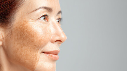 Fototapeta premium Close-up of a woman's face showing uneven skin tone with hyperpigmentation and a clear, smooth area highlighting skin treatment results