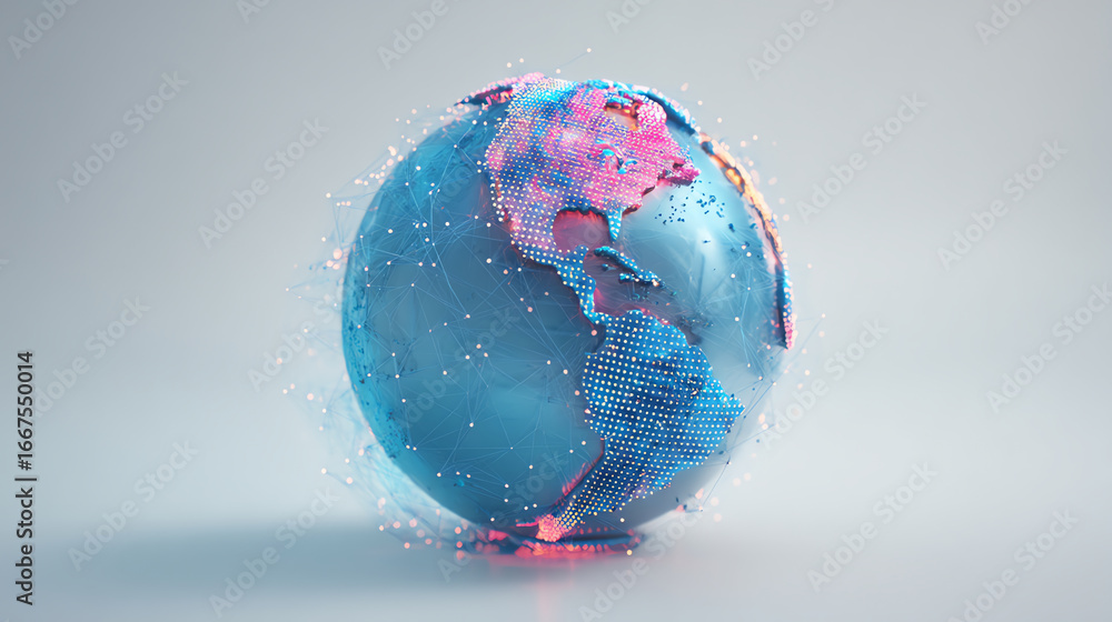 Poster a digital 3d globe showcasing the americas with glowing data points and interconnected lines, symbol