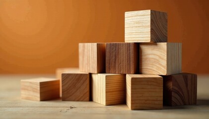 Stacked wooden cubes, various shades of brown, design, piled, blocks