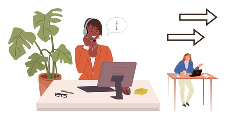 Customer support agent wearing a headset at a desk, assisting with information. Woman using laptop at another desk. Ideal for communication, teamwork, service, technology, remote work, productivity