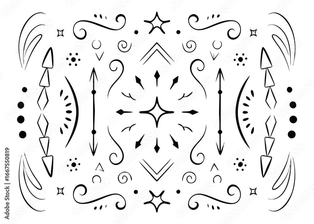 Poster hand drawn bohemian arrow elements collection with african inspired patterns and tribal motifs in a 