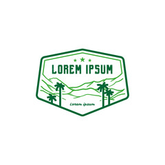 A hexagonal badge with green outlines featuring mountains, palm trees, and three stars