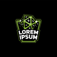 A green 20-sided die framed with sparkles and geometric shapes