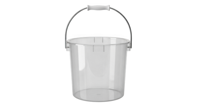 A clear plastic bucket with a metal handle and white grip for carrying liquids or solids outdoors or indoors