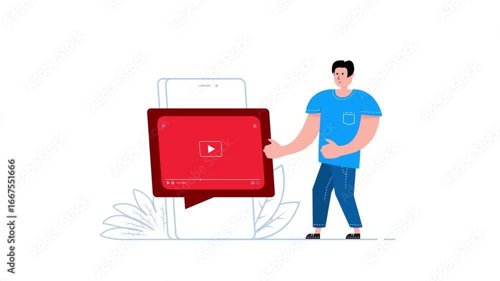 Poster man presenting video player interface on smartphone with white and green screen background