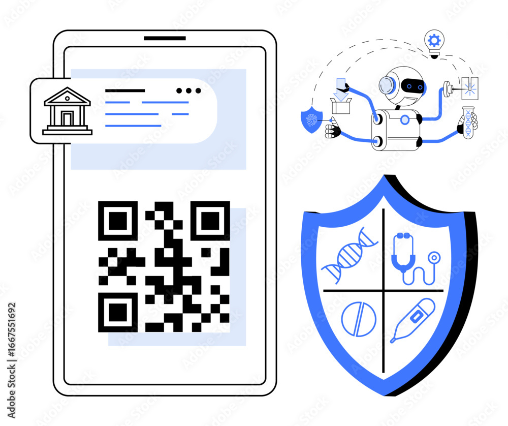 Poster qr code on smartphone for banking, ai robot analyzing data, shield with healthcare icons. ideal for 