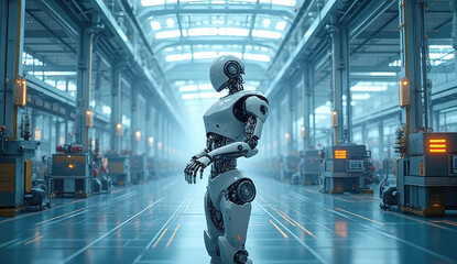 Industrial robot works automatically in smart autonomous factory. Post produced generative AI illustration.