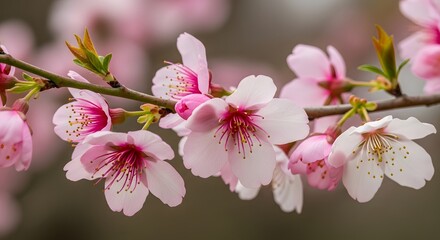 Obraz premium Delicate pink cherry blossoms blooming on a branch in spring bring peaceful serenity