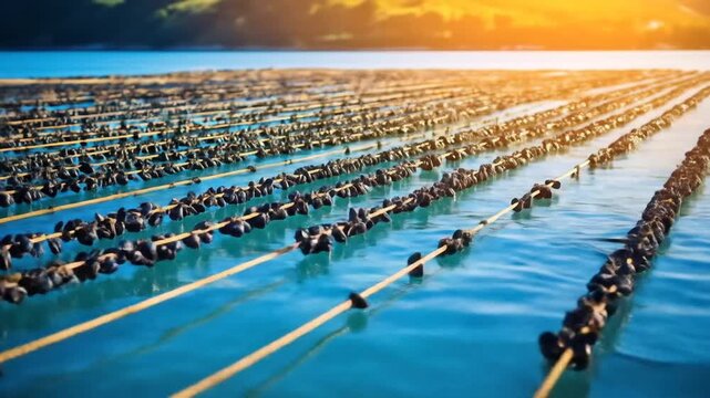 Oyster Farm in Sunshine Lines of Clams in Sea Water with Aquaculture Production.