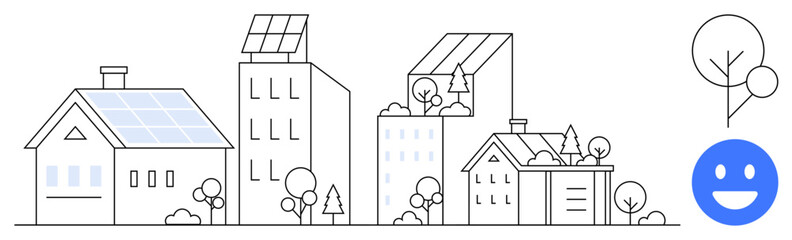Modern houses and buildings with solar panels, green roofs, and trees symbolizing eco-friendly living. Ideal for sustainability, green energy, architecture, community design, renewable energy