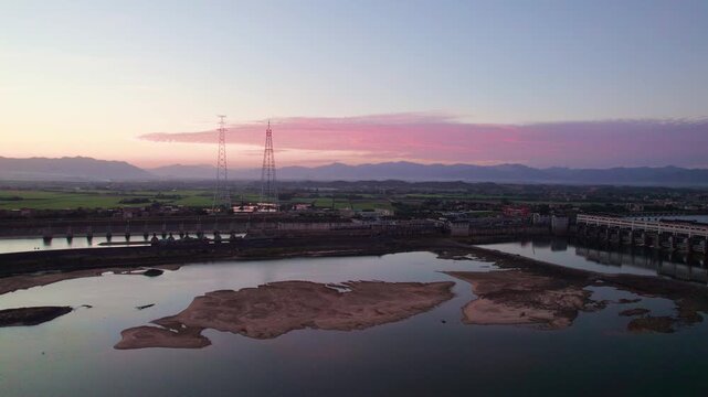 Aerial photography of the Qingyuan Hub Water Conservancy Project on the Beijiang River in Guangdong during the dry season