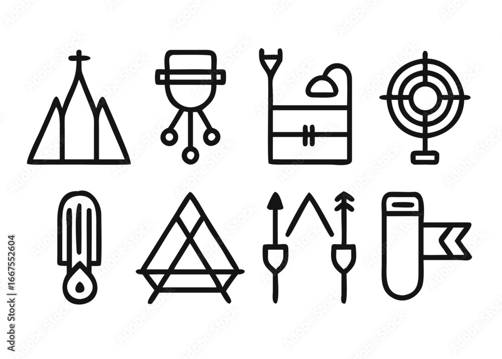 Poster comprehensive collection of outdoor activity symbols featuring adjustable line thickness for diverse