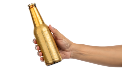 hand holding gold beer bottle