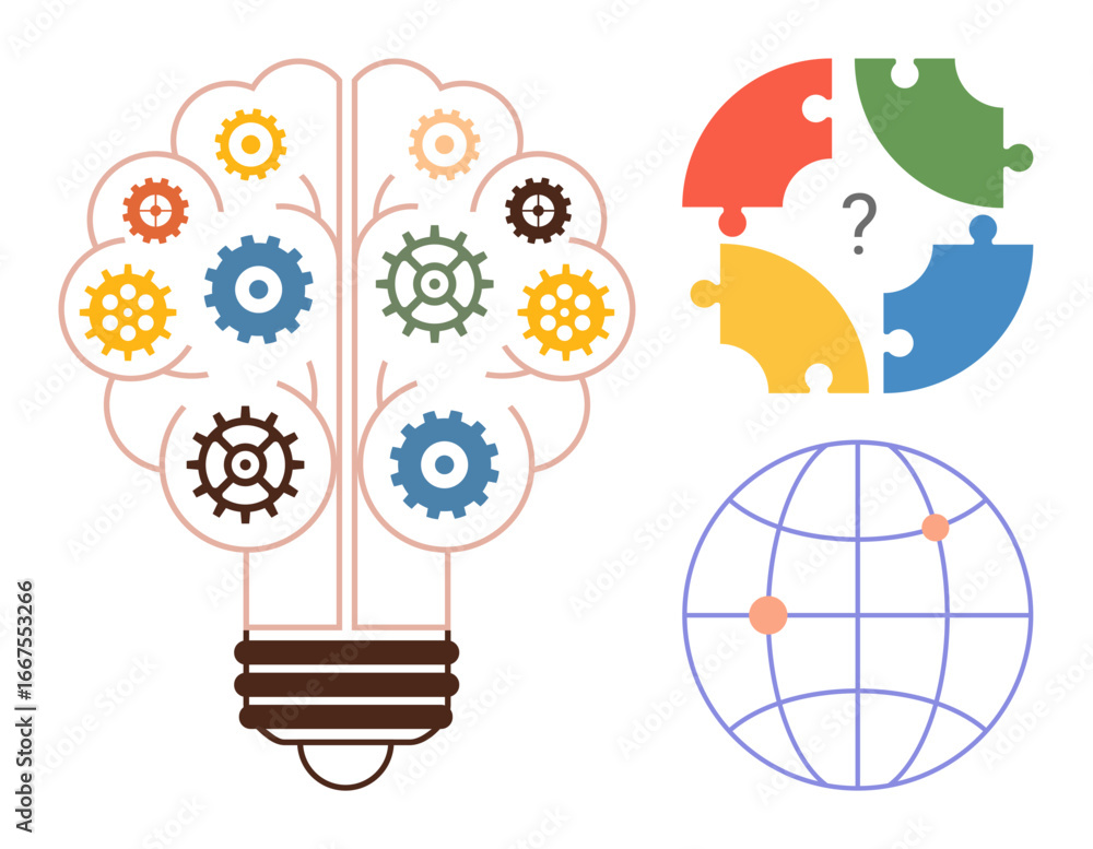 Poster lightbulb formed with colorful gears, puzzle pieces questioning harmony, and globe with pinpoints. i